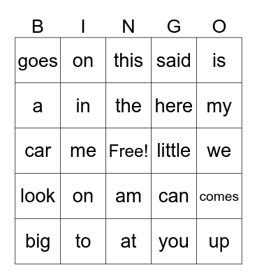 Junior Infants Bingo Card