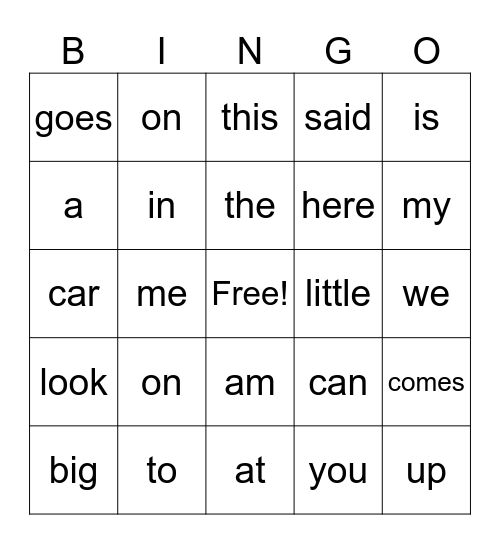 Junior Infants Bingo Card