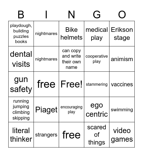 Preschooler Bingo Card