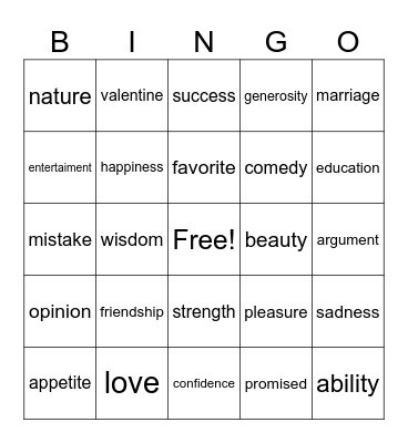 abstract nouns Bingo Card
