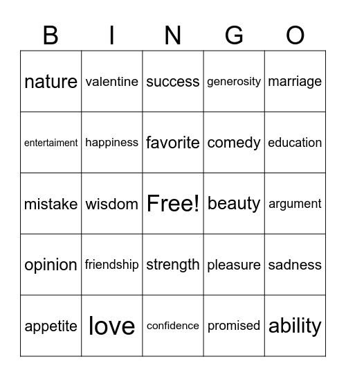 abstract nouns Bingo Card