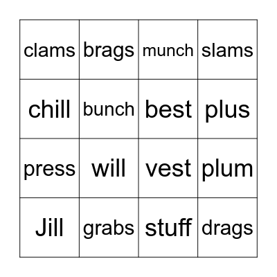 Closed Syllable Words Bingo Card