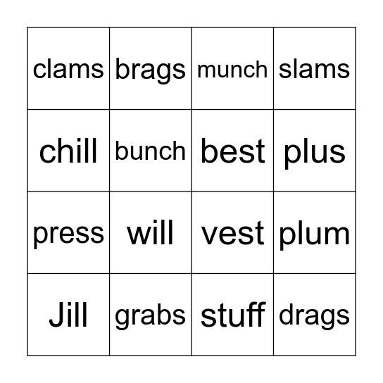 Closed Syllable Words Bingo Card