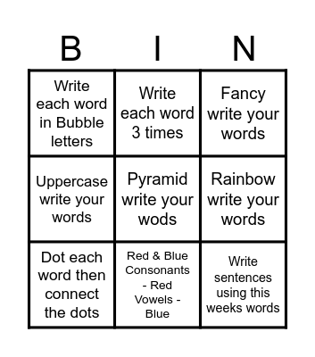 Spelling Bingo Card