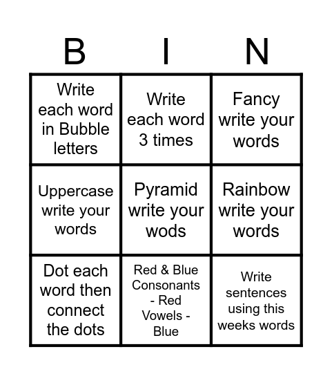 Spelling Bingo Card