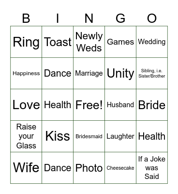 Reception Bingo Card