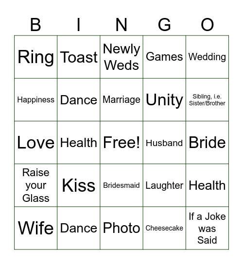 Reception Bingo Card