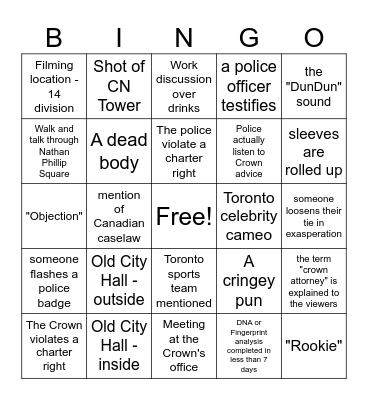 Law and Order: TORONTO Bingo Card