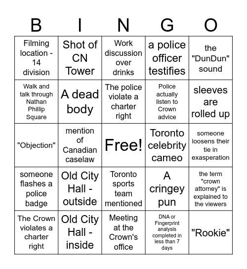 Law and Order: TORONTO Bingo Card