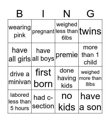 Baby Bingo Card