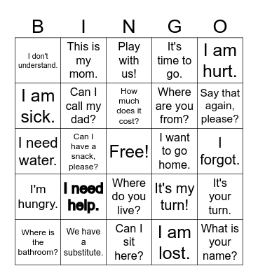 English Phrases Bingo Card