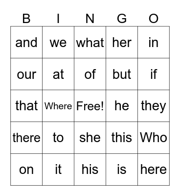 Sight Words Bingo Card