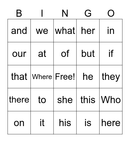 Sight Words Bingo Card
