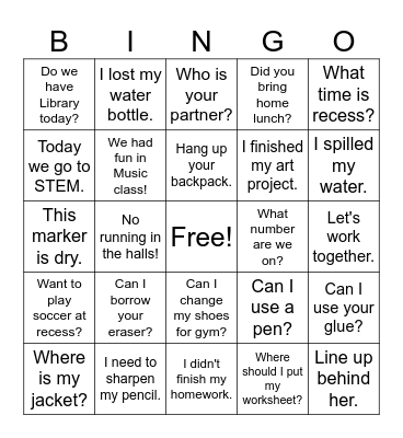 Classroom English Bingo Card