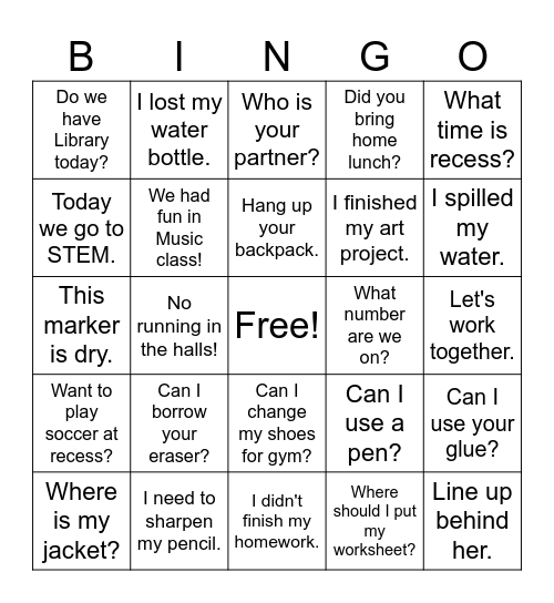 Classroom English Bingo Card