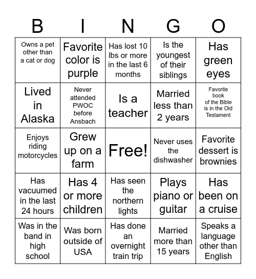 PWOC Bingo Card