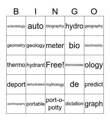 Root Word Bingo Card