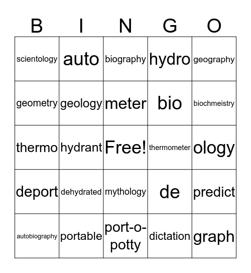 Root Word Bingo Card