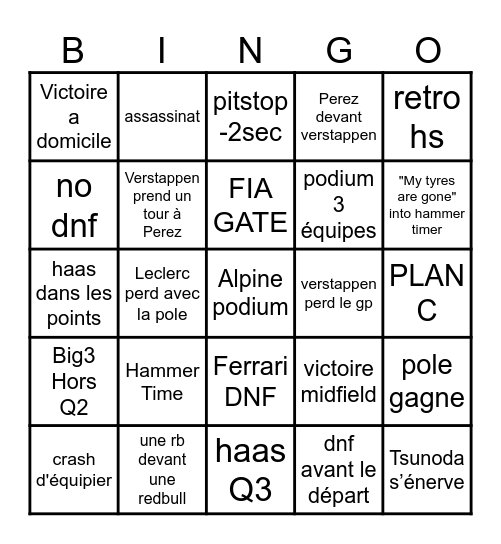 Bingo F1 Bingo Card