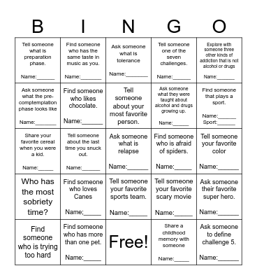 The Seven Challenges Bingo Card