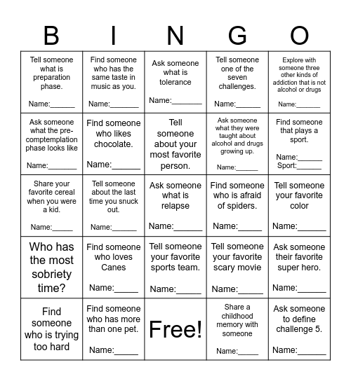 The Seven Challenges Bingo Card