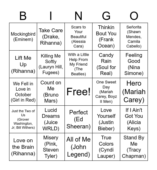 Valentine's Playlist Bingo Card