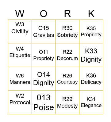 Etiquette 101 Bingo Card