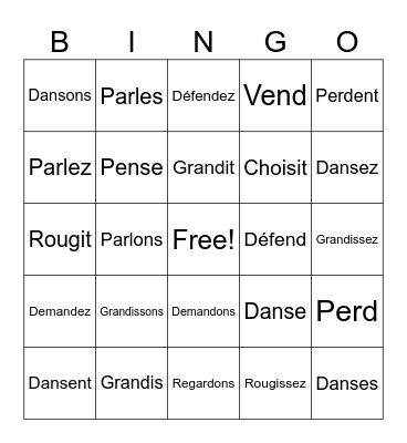 Verbs au Présent Bingo Card
