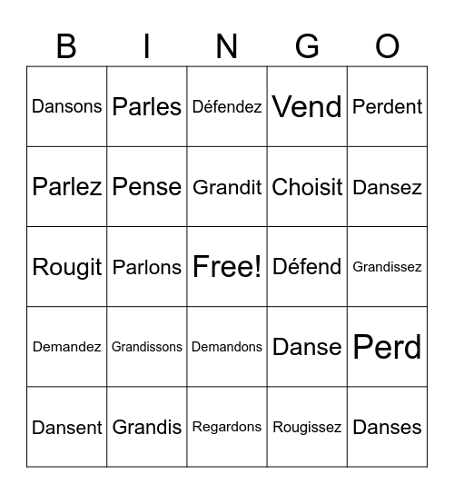 Verbs au Présent Bingo Card