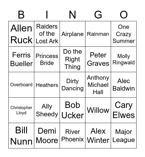 80'S MOVIES Bingo Card