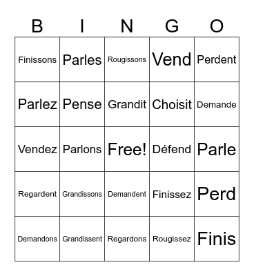Verbs au Présent Bingo Card