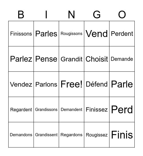 Verbs au Présent Bingo Card
