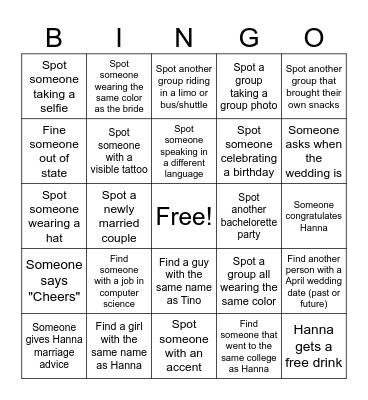 Bachelorette Bingo Card