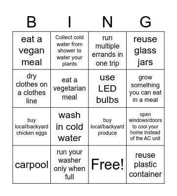 Reduce Carbon Footprint Bingo Card