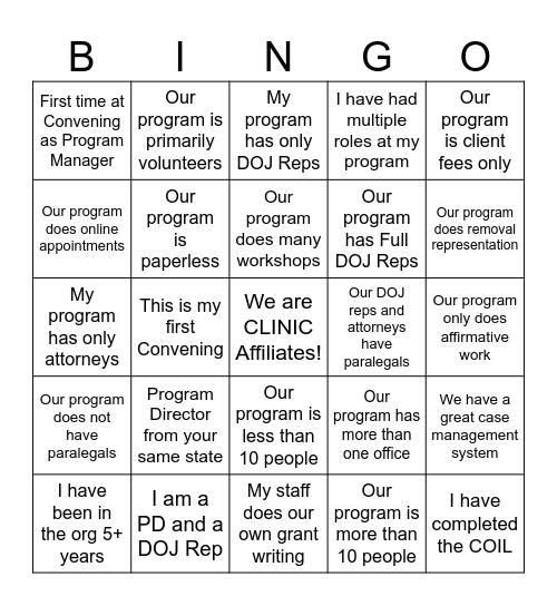 CLINIC Program Management Bingo! Bingo Card