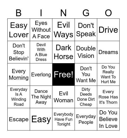 D and E Bingo Card