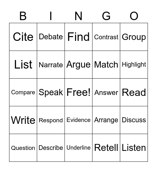 Academic Words Bingo Card