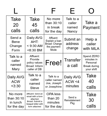 LIFE-O!!! Bingo Card