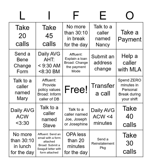 LIFE-O!!! Bingo Card