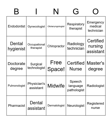 Medical Game Bingo Card