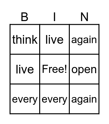 Week 25 Sight Words Bingo Card