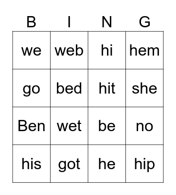Open vs. Closed Syllable Bingo Card