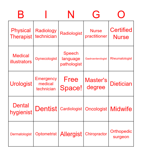 Medical Game Bingo Card