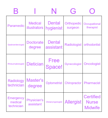 Medical Game Bingo Card