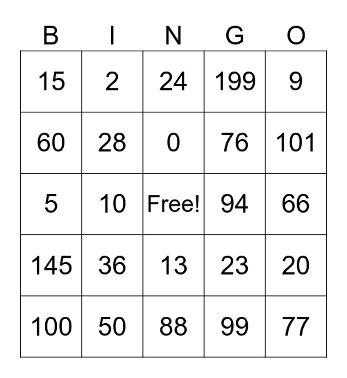Números del 0 - 199 Bingo Card