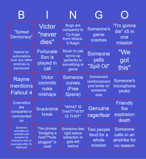 Helldivers 2 with Friends Bingo Card