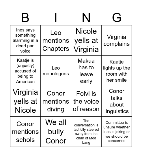 Comitte Bonding Bingo Card