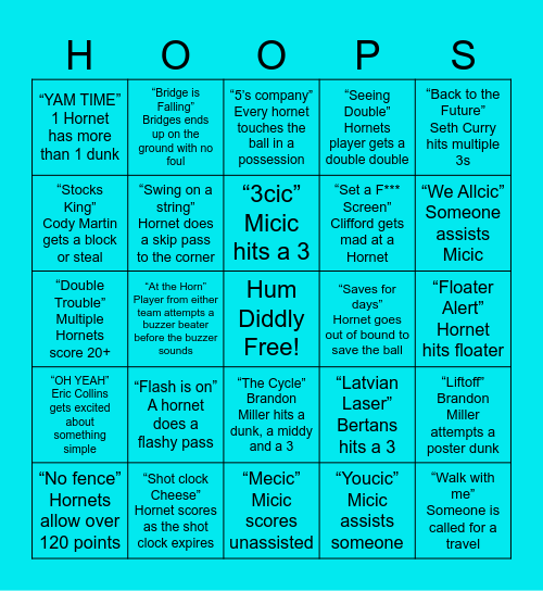 Hornets Game Bingo Card