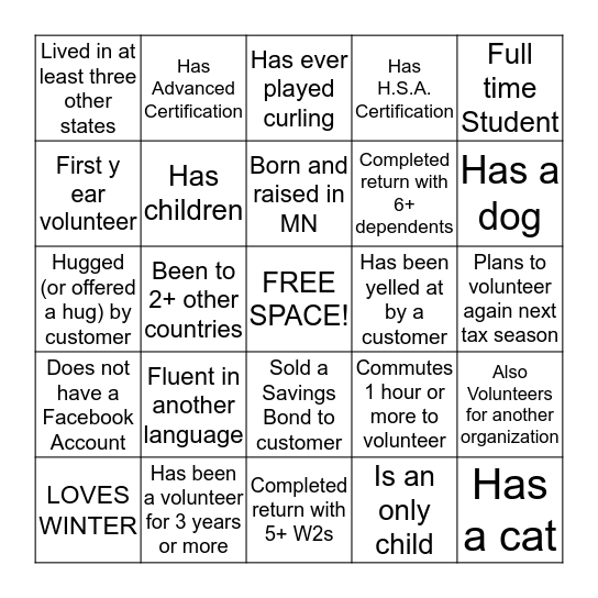 AAM Volunteer Bingo: Find a fellow volunteer who fits a category below! Bingo Card