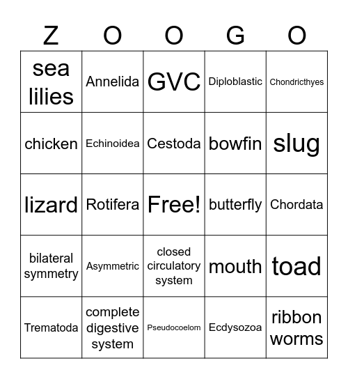 Zoological Bingo #4 Bingo Card